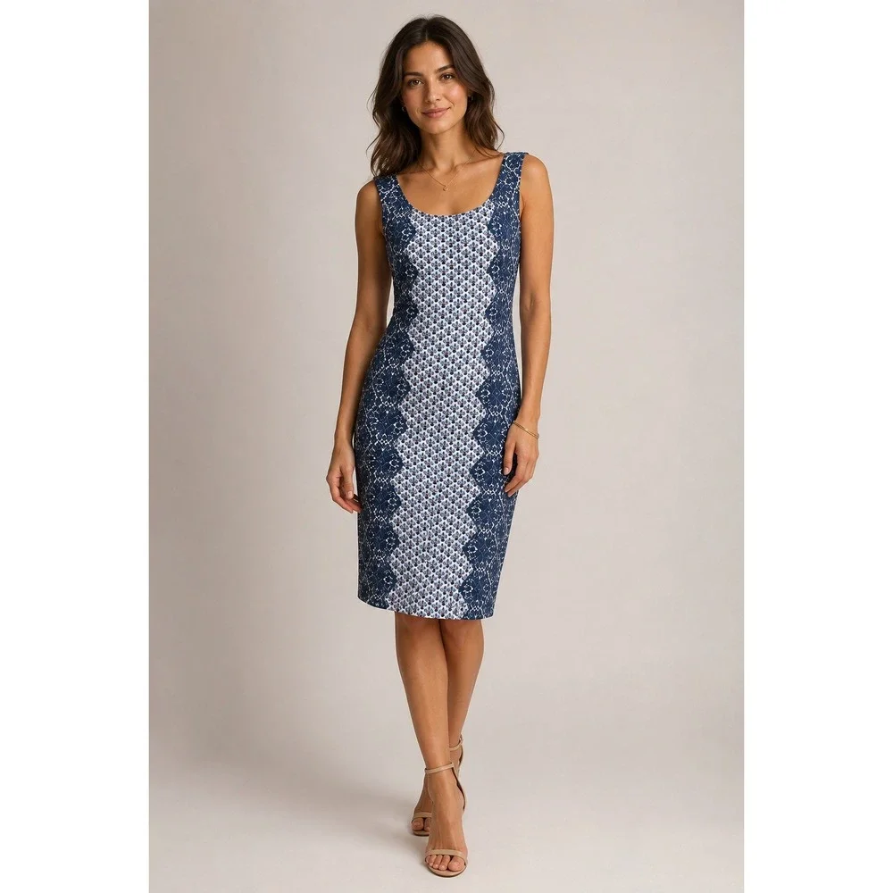Tory Burch Sheath Dress Womens Small Blue Geometric Floral Print Sleeveless EXCL